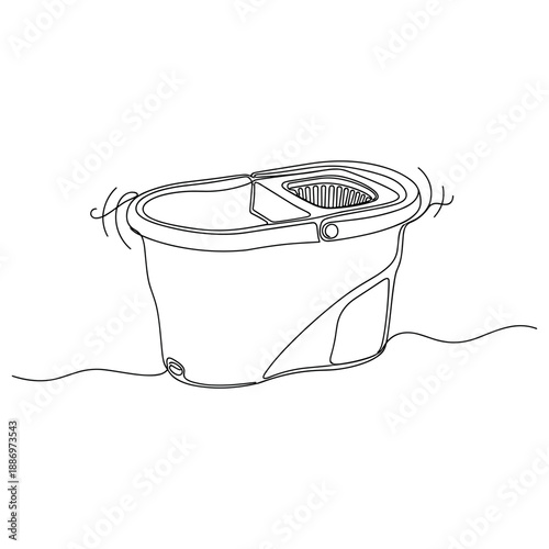 Sketch of a plastic mop bucket with wringing system on floor. Non editable stroke