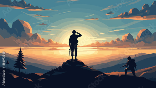 Low Poly Soldier saluting at sunrise on a mountain peak, symbolizing hope and vigilance