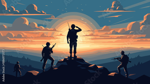 Silhouette soldiers at sunset on mountain top with dramatic sky and clouds