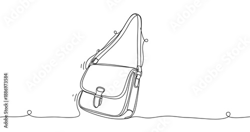 Minimalist line art drawing of crossbody bag with flap and adjustable strap. Non editable stroke