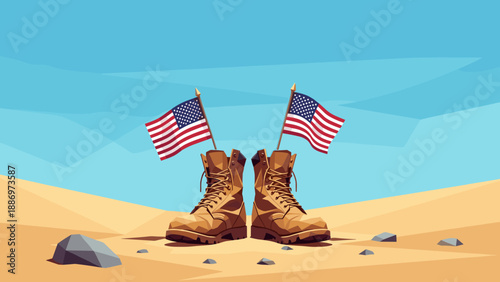 Patriotic military boots in desert with american flags