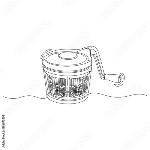 Handheld salad spinner with crank handle on kitchen counter in line art style. Non editable stroke