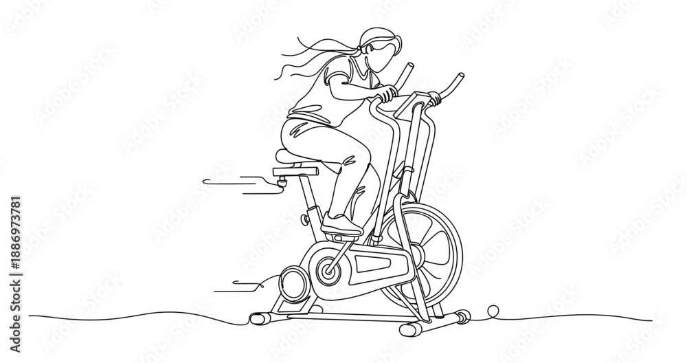 Fototapeta premium Line art of young asian female exercising on stationary bicycle. Non editable stroke