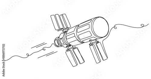 Black and white line drawing of satellite in space with antenna and solar panels. Non editable stroke