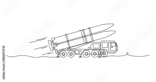 Outline of mobile missile launcher with dual rockets on white background. Non editable stroke