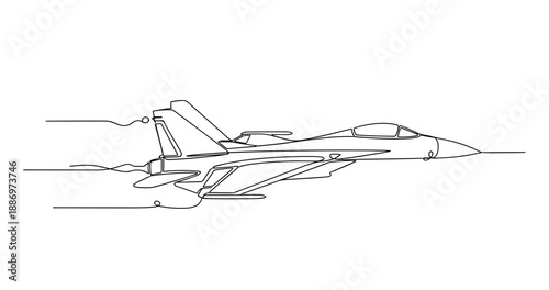 Line art of fighter jet in flight: sleek design and aerodynamics. Non editable stroke