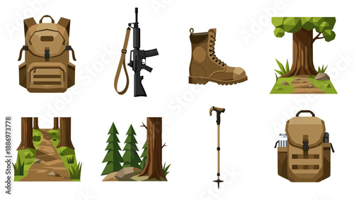 Low Poly Outdoor adventure gear and forest scenes, including backpack, rifle, boot, and walking stick