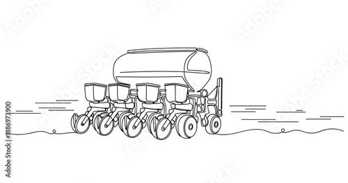 Agricultural seed planter machine outline with multiple wheels and compartments. Non editable stroke