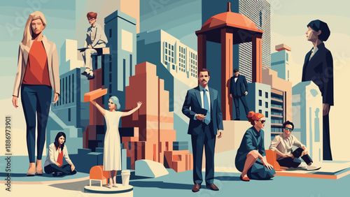 Low Poly Diverse group of professionals in a stylized cityscape, representing business and collaboration