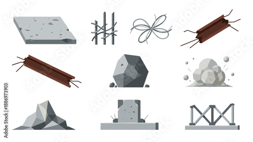 Low Poly Collection of construction debris and building materials in a flat design style