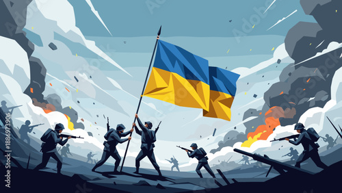 Low Poly Ukrainian soldiers raise their flag amidst a fierce battle with smoke and explosions in the background