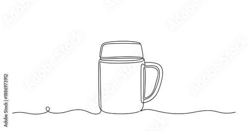 Minimalist one-line drawing of a coffee mug on a surface. Non editable stroke