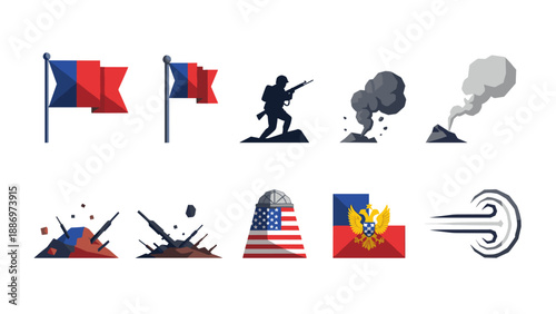 Low Poly Collection of war and conflict icons including flags, soldier, explosions, and smoke signals