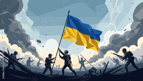 Low Poly Ukrainian soldiers raise the national flag amidst a chaotic battlefield with smoke and explosions