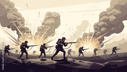 Low Poly Soldiers advancing through explosions and smoke during a chaotic battlefield scene