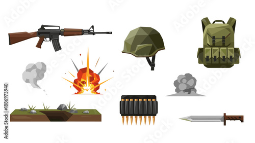 Low Poly Military equipment and combat elements collection, including rifle, helmet, and explosions