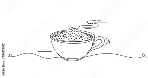 Hand-drawn coffee cup with steaming foam in minimalist black and white line art. Non editable stroke