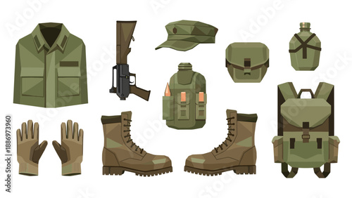 Low Poly Military uniform and equipment collection, including rifle, boots, backpack, and canteen