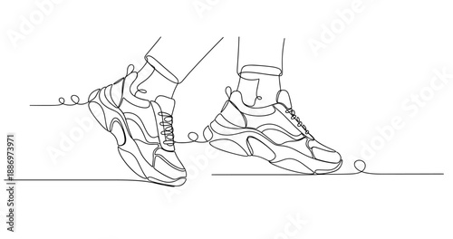 Minimalist line art of sneakers and legs in motion. Non editable stroke