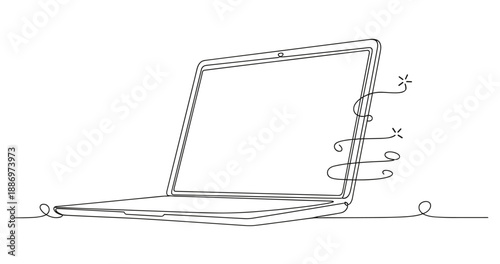 Minimalist line art of a laptop with decorative elements. Non editable stroke