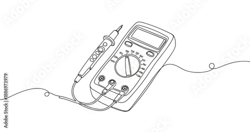 Digital multimeter outline with probes for electrical measurements. Non editable stroke
