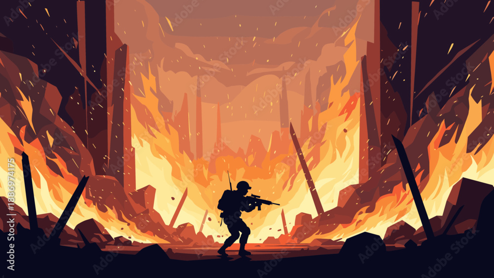 Fototapeta premium Low Poly Silhouette of a soldier with a rifle amidst a burning city landscape