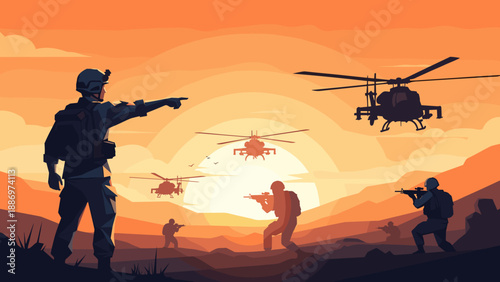 Low Poly Military operation at sunset with soldiers and helicopters in a desert landscape