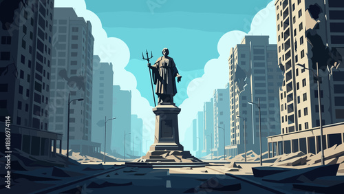 Low Poly Statue stands tall amidst destroyed city buildings under a cloudy sky