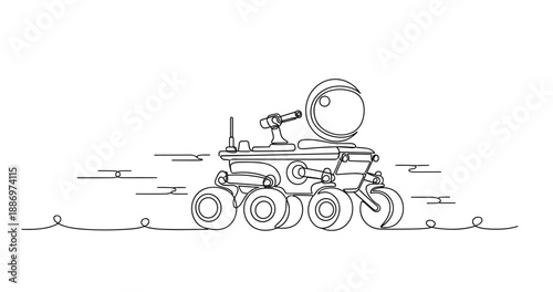 Line art of mars rover exploring rocky terrain with robotic arm. Non editable stroke