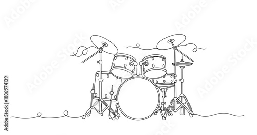 Minimalist line art of a drum set with microphones in black and white. Non editable stroke