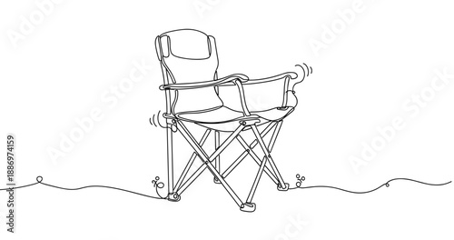 Minimalist line art of folding camping chair with grass and flowers. Non editable stroke