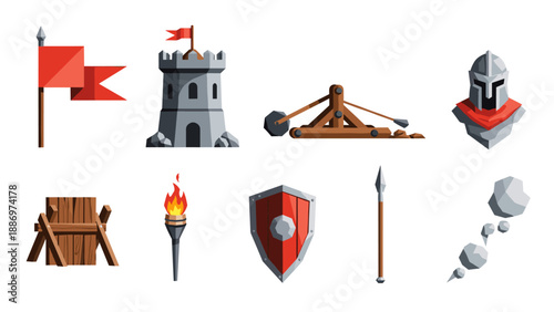 Low Poly Medieval battle elements including castle tower, catapult, and knight's helmet