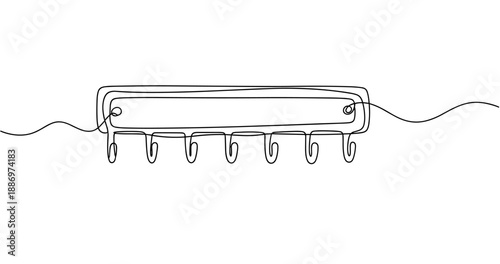Minimalist continuous line drawing of a coat rack with hooks. Non editable stroke