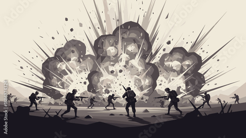 Low Poly Soldiers advancing through a battlefield with massive explosions and debris in the background