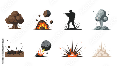 Low Poly Collection of cartoon explosion and impact effects with a soldier silhouette