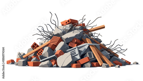 Low Poly Pile of construction debris with bricks, concrete, wood, and rebar on white background