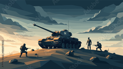 Low Poly Military tank and soldiers on a hill under a dramatic sky, low poly art style