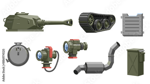 Low Poly Collection of military vehicle parts and equipment, including tank turret and tracks