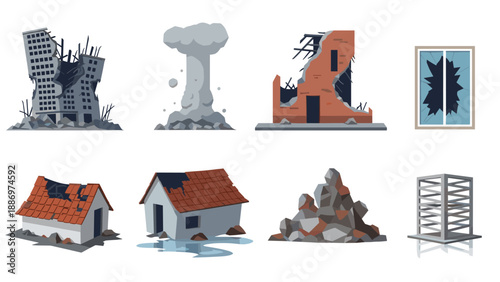 Low Poly Collection of destroyed buildings and debris, symbolizing disaster and destruction