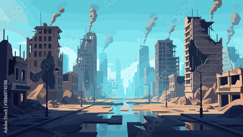 Low Poly Post-apocalyptic cityscape with ruined buildings and smoke rising into the sky