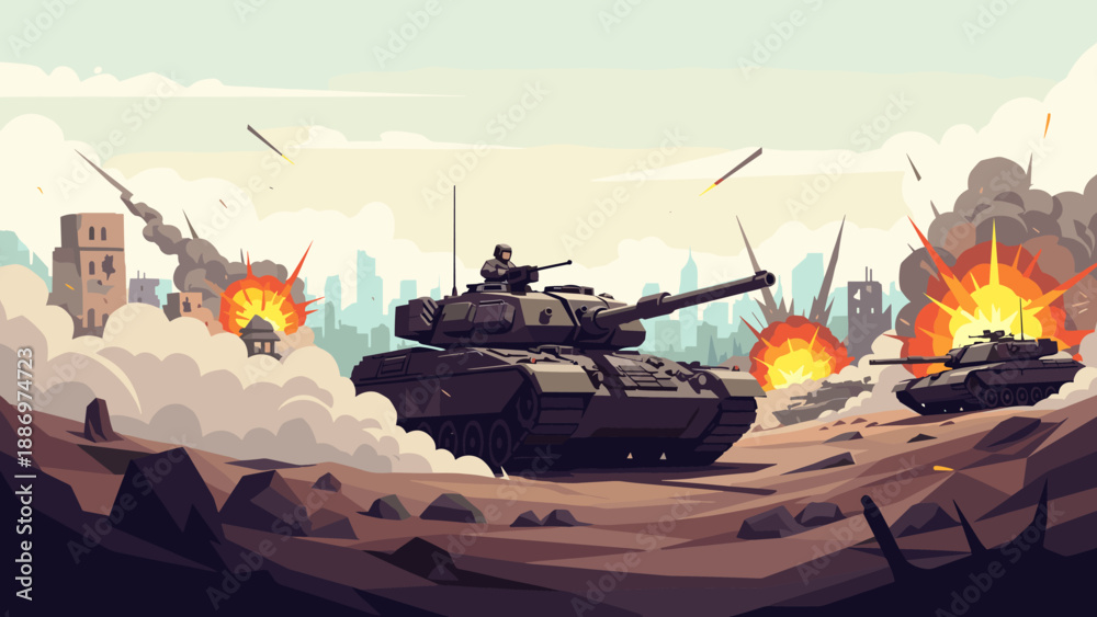 Fototapeta premium Low Poly Military tanks engage in combat amidst explosions and smoke in a war-torn city landscape