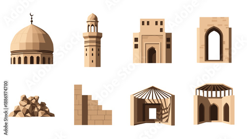 Low Poly Collection of Islamic architectural elements and building materials in a flat design style