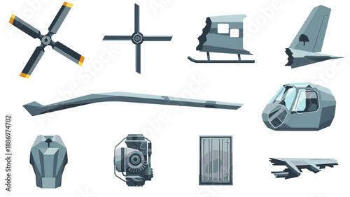Low Poly Collection of damaged aircraft parts and components in a flat design style