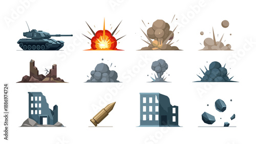 Low Poly Collection of cartoon-style war and explosion elements with a tank and destroyed buildings