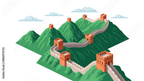 Low Poly Great Wall of China winding through green mountains with watchtowers and clouds