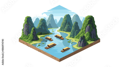 Low Poly Idyllic isometric landscape with karst mountains and boats on a river