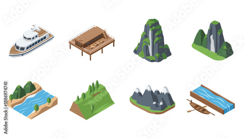 Low Poly Collection of isometric landscape elements and travel icons