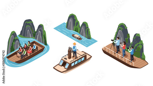 Low Poly Tourists enjoy scenic boat tours amidst limestone karsts and lush greenery on tropical islands