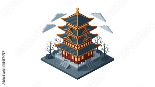 Low Poly Isometric illustration of a traditional East Asian pagoda with stylized clouds and bare trees