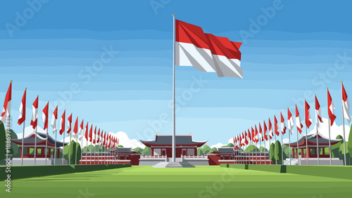 Low Poly Majestic Indonesian flag flies high above a grand monument surrounded by smaller flags
